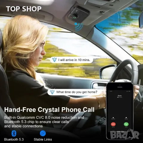 1Mii Bluetooth 5.3 хендсфри/високоговорител за кола/гласово/Android/iOS,щипка за сенник, снимка 3 - Аксесоари и консумативи - 49308515