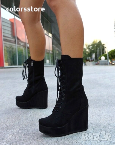 Боти на платформа - черен велур - TD33, снимка 2 - Дамски боти - 46880506