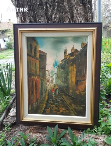 Красива Стара Картина Уличен Пейзаж Живопис Маслени Бои на Платно, снимка 5 - Антикварни и старинни предмети - 52908859