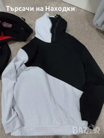 Мъжки суичър с качулка "Waffle Style" / вафлена плетка, черно-бял, размер XL