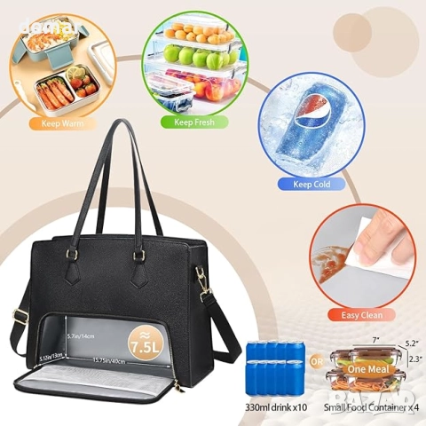 Чанта за обяд Jetviivid с отделение за лаптоп за жени, работна чанта от PU кожа с презрамка, черна, снимка 2 - Чанти - 51734553