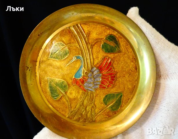 Бронзова чиния,клетъчен емайл Паун. , снимка 3 - Антикварни и старинни предмети - 33075722