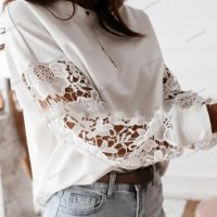Дамска модна блуза с кръгло деколте и детайлни дантелени ръкави на цветя - 023, снимка 3 - Блузи с дълъг ръкав и пуловери - 39815717