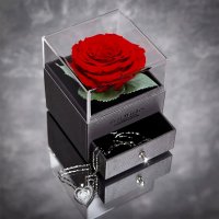 Вечна роза в стъкленица в подаръчна кутия с колие и обици с камъни, снимка 2 - Други - 44124775
