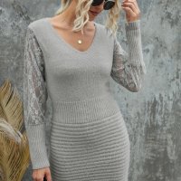 Дамска рокля тип пуловер в сиво с дълги дантелени ръкави, снимка 9 - Рокли - 43716995
