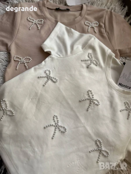 Дамска тениска с панделка от камъчета, снимка 1