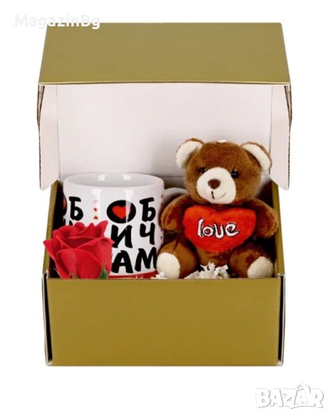 Подаръчен комплект "Обичам те" с чаша, плюшено мече и сапунена роза

, снимка 1