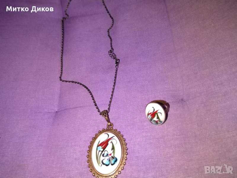 Колие  за врата в комплект с пръстен -мед и керамика ръчно рисувана, снимка 1