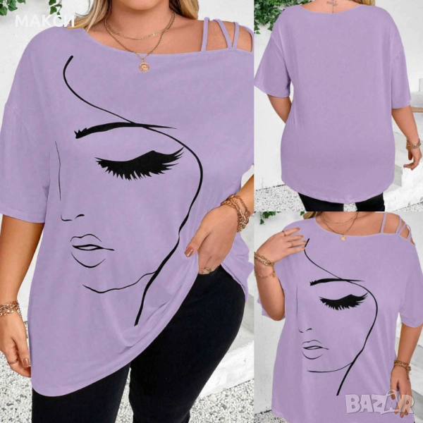 Макси модерна еластична и мека тениска с отворено рамо в люляково - полиестерно плътно, много меко и, снимка 1