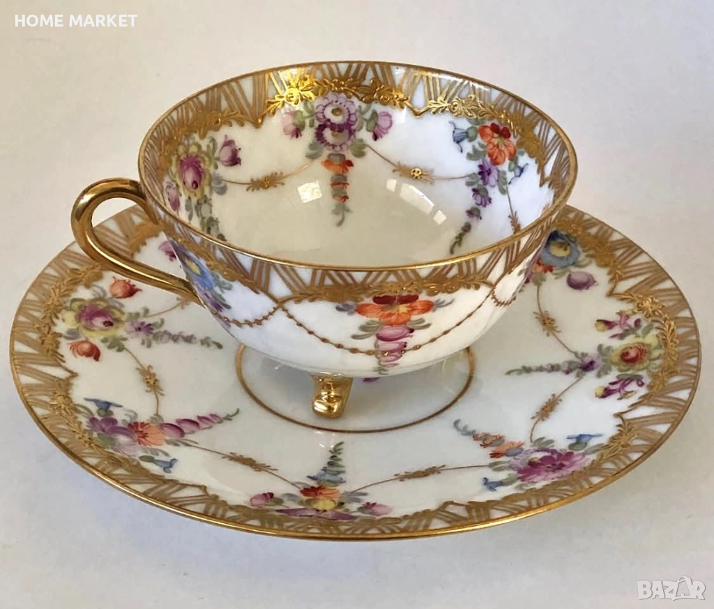 Dresden Germany  Circa 1884  Wolfsohn  Tea Cup & Saucer, Footed, Richly Gilded , снимка 1