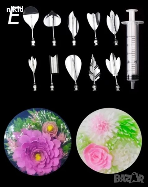 #Е 10 бр метални пера шприц + спринцовка за 3D желиран десерт декорация и украса цветя, снимка 1