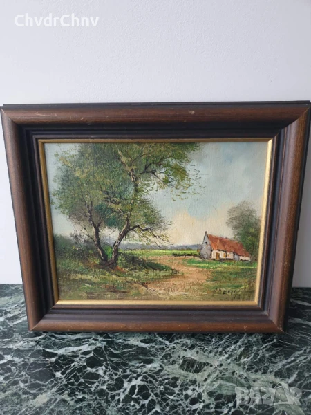 33х38см/малка стара картина масло върху платно/пейзаж-къща-дърво-път/дървена рамка, снимка 1