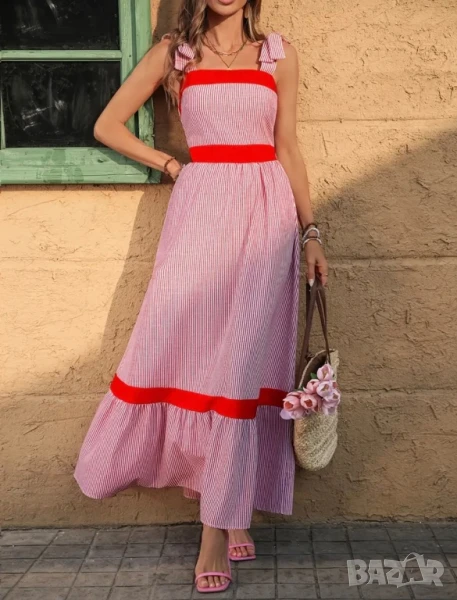 Лятна дълга рокля на червено и бяло райе, снимка 1
