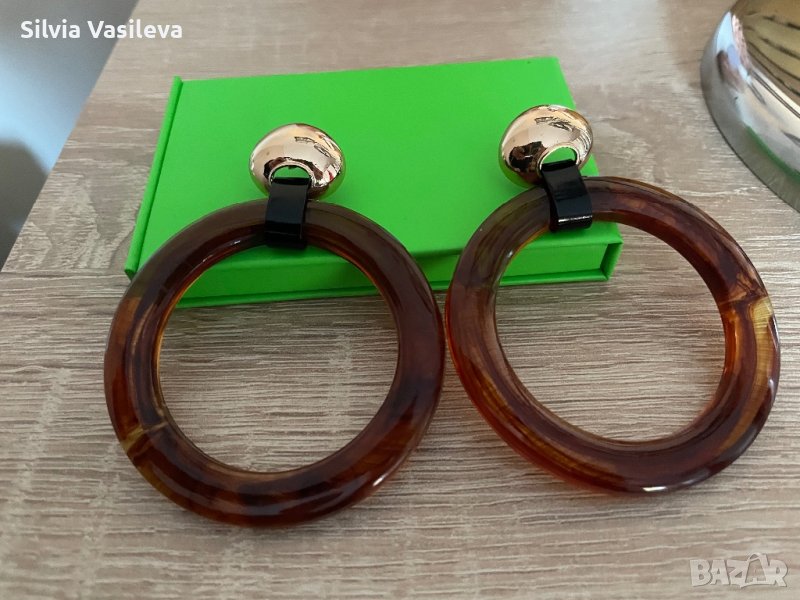 Обици халки в златисто и кафяво, снимка 1