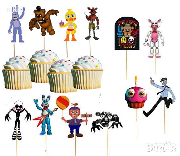 12 бр Five Nights at Freddy's Freddy Фреди топер топери картон украса декор за мъфини кексчета парти, снимка 1