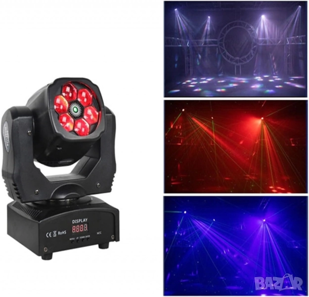 Преносими LED сценични светлини с движеща се глава и управление (6x12W + лазер), снимка 1
