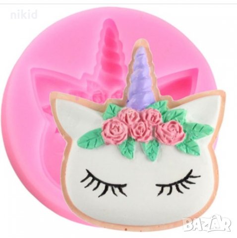 Еднорог unicorn глава с цветя силиконов молд форма декорация торта фондан шоколад бисквитки, снимка 2 - Форми - 26302573
