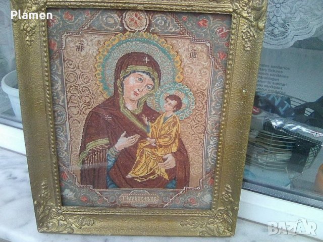 Ръчно шит гоблен Мадона с младенеца рамкиран под стъкло, снимка 6 - Други ценни предмети - 40415557
