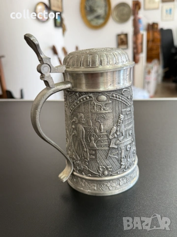 Немска калаена халба с капак - Alwe. №7853, снимка 5 - Антикварни и старинни предмети - 53444909