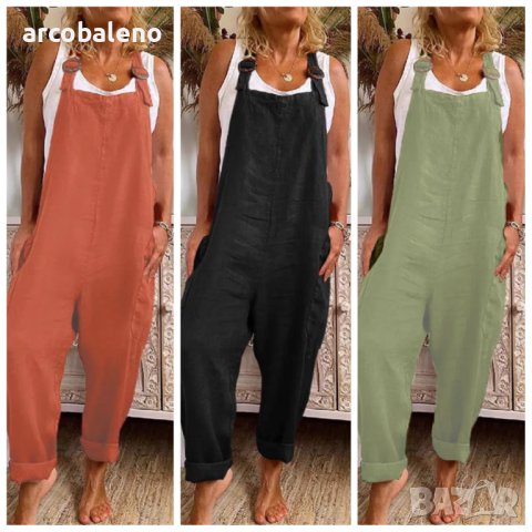 Дамски гащеризон с джобове от памук и лен с регулируема катарама, 3цвята