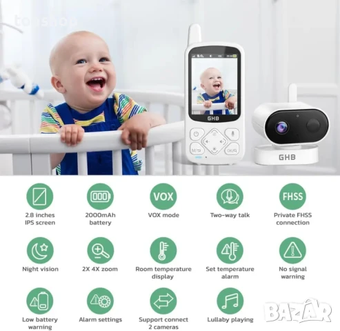 Нов Бебефон GHB с камера и нощно виждане, 2.8'' 720P HD Video Бебефон, 2000mAh, IPS екран, VOX режим, снимка 4 - Бебефони - 50502365