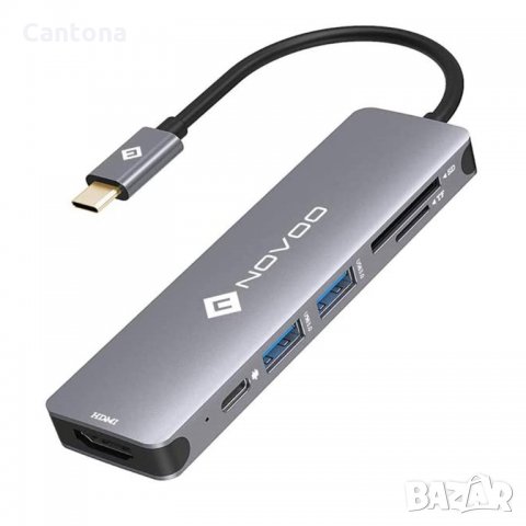 NOVOO 6 в 1 алуминиев USB-C хъб, PD 100 W, HDMI 4K , 2хUSB 3.0, Четец на SD, снимка 1 - Други - 34792507