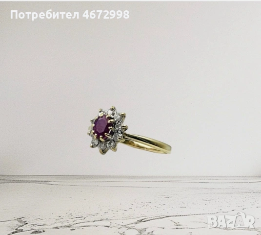 Златен пръстен с диаманти и рубин 14к, снимка 4 - Пръстени - 53266127