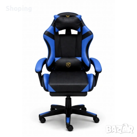 Ергономичен геймърски стол с масажна функция и поставка за крака – черно-син, снимка 8 - Столове - 53476181