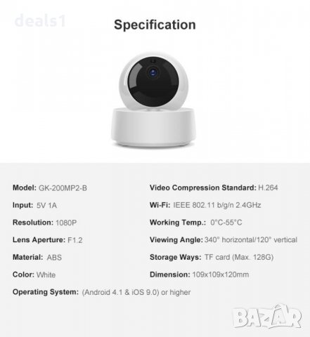 SONOFF GK-200MP2-B WiFi 1080P 360 градусова камера за сигурност бебефон с нощно виждане, снимка 5 - Други - 34609948