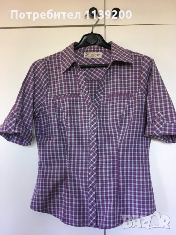 Памучна карирана риза М бяло и лилаво каре  ¾ къс ръкав, снимка 6 - Ризи - 26849375