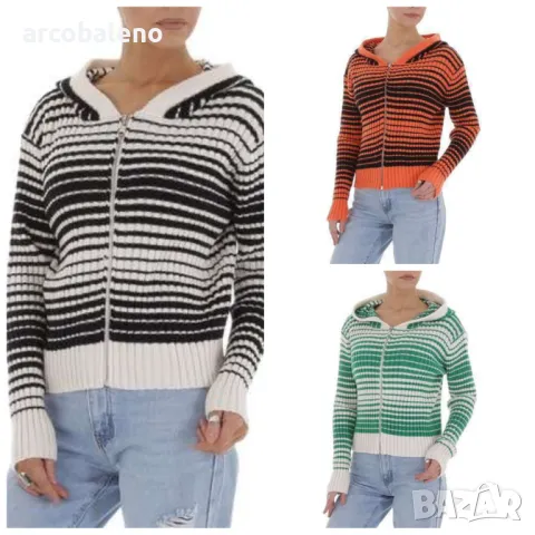 Дамска плетен суичър с качулка и цип, 3цвята 