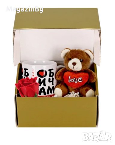Подаръчен комплект "Обичам те" с чаша, плюшено мече и сапунена роза

, снимка 1