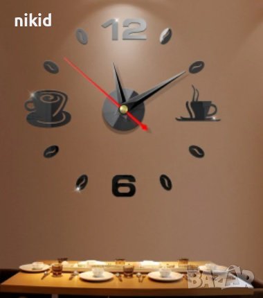 черен  огледален чаши чаша зърна кафе стенен часовник атрактивен дизайн 3D за кухня кафене заведение, снимка 3 - Други - 36709243