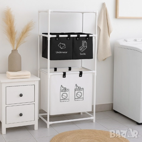 Мултифункционален органазйер за мръсни дрехи с 3 кошници и 3 рафта, снимка 3 - Други стоки за дома - 51979451