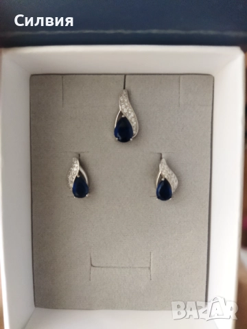 Сребърен комплект 925 обеци с висулка сапфир и цирконии , снимка 3 - Бижутерийни комплекти - 51623621
