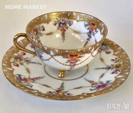 Dresden Germany  Circa 1884  Wolfsohn  Tea Cup & Saucer, Footed, Richly Gilded 