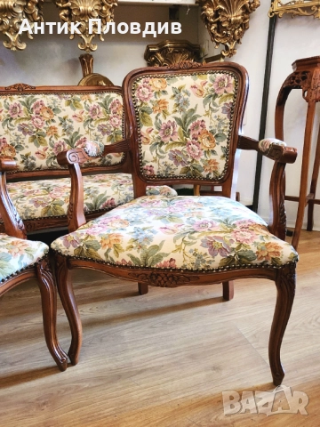 Антикварна гарнитура – диван с две кресла, жакард, снимка 7 - Дивани и мека мебел - 52849491