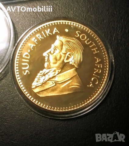 UNC позлатена монета Крюгеранд Krugerand 1974 година, снимка 2 - Нумизматика и бонистика - 53134603