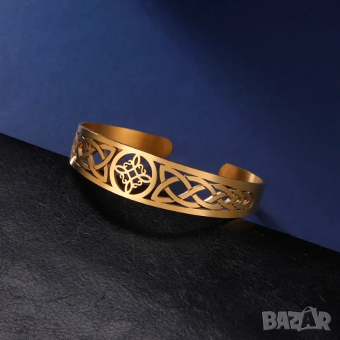 Златиста винтидж гривна с вещерски възел от неръждаема стомана – елегантен символ на защита и сила
, снимка 3 - Гривни - 50955127