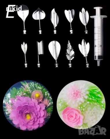 #Е 10 бр метални пера шприц + спринцовка за 3D желиран десерт декорация и украса цветя, снимка 1 - Аксесоари за кухня - 33463189
