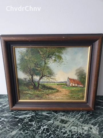 33х38см/малка стара картина масло върху платно/пейзаж-къща-дърво-път/дървена рамка