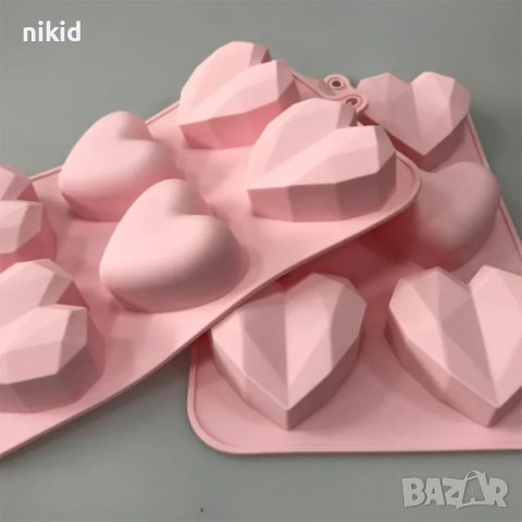 6 бр гладко и диамантено диамантени сърца сърце силиконов молд форма шоколад гипс сапун, снимка 2 - Форми - 43426185