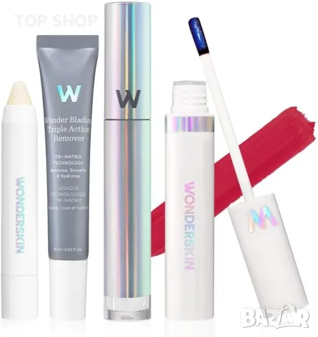 Wonderskin Комплект дълготраен розов гланц, ексфолиант, почистващ препарат за устни, цвят First Kiss