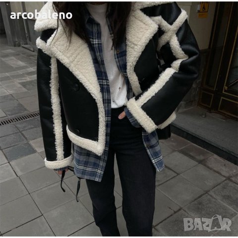 Дамско топло свободно яке от изкуствена кожа и изкуствена агнешка вълна, 2цвята, снимка 13 - Якета - 43528357