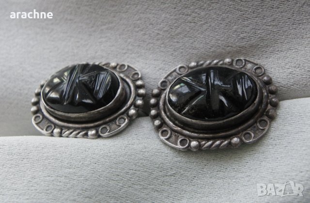Антикварни сребърни мексикански обици с инталии от обсидиан, снимка 2 - Обеци - 40311343