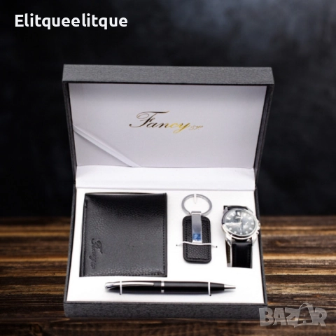 Елегантен мъжки комплект – Часовник, портфейл, химикал и ключодържател, снимка 5 - Бижутерийни комплекти - 52333641