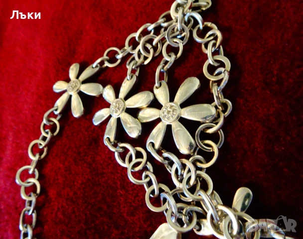 Сребърно колие 925,циркони,цветя,39 грама. , снимка 3 - Колиета, медальони, синджири - 50594336