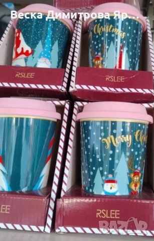 Порцеланова Коледна чаша със силиконов капак, снимка 7 - Чаши - 52562126