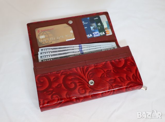  Страхотно  червено дамско портмоне естествена кожа, лак, перфектен подарък, снимка 5 - Портфейли, портмонета - 26925854
