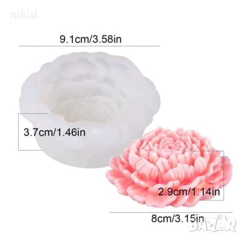 3d Божур многолистен едро цвете силиконов молд форма фондан смола шоколад гипс свещ декор, снимка 2 - Форми - 50247966